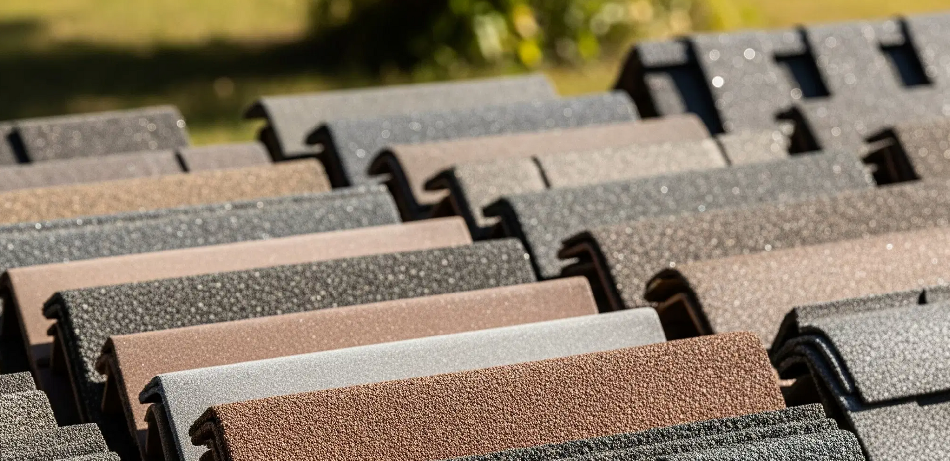 Rows of stacked roof shingles in gray, tan, and brown under sunlight