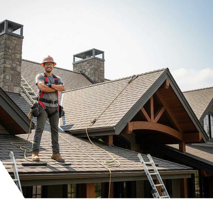 Worker standing on a shingled roof with tools near a ladder, repairing a house roof