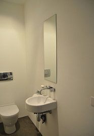 Small, modern bathroom with white walls, a toilet, sink, and tall, narrow mirror.