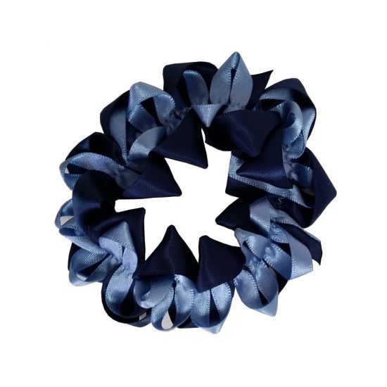 Navy blue and light blue ribbon scrunchie.