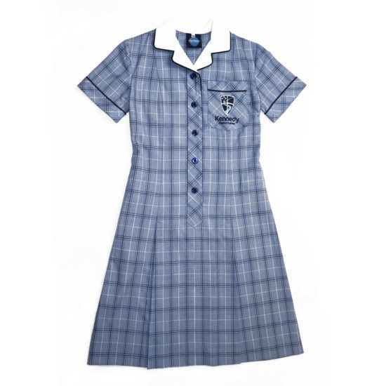 Plaid school dress with a white collar and the school's logo on the chest.