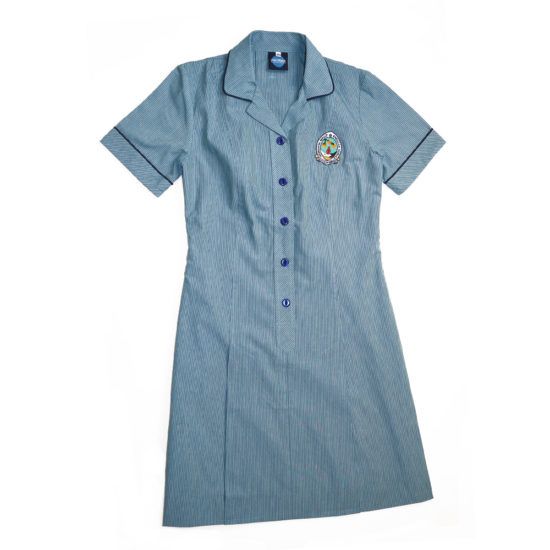 Blue and white striped school uniform dress with a collar and school emblem.