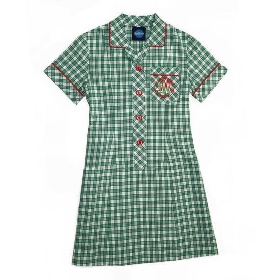 Green and white plaid school uniform dress with red trim and logo on pocket.