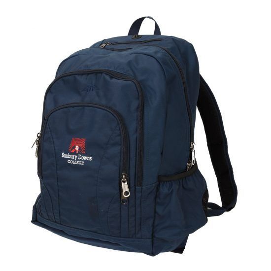 Navy backpack with the Sudbury Dance College logo.