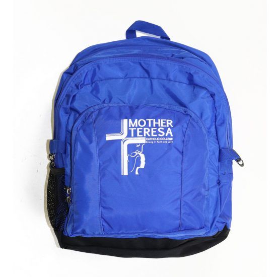 Blue backpack with Mother Teresa logo.