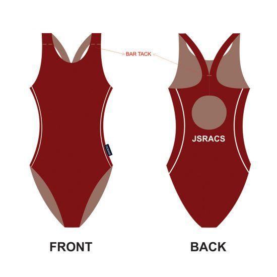 Maroon and tan swimsuit, front and back views. JSRACS logo on back.