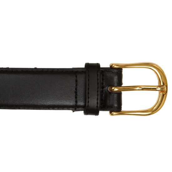 Black leather belt with a gold-colored buckle.