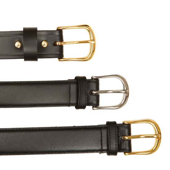 Three black leather belts with different metal buckles.