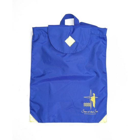 Blue backpack with a flap, yellow diamond, and religious logo.