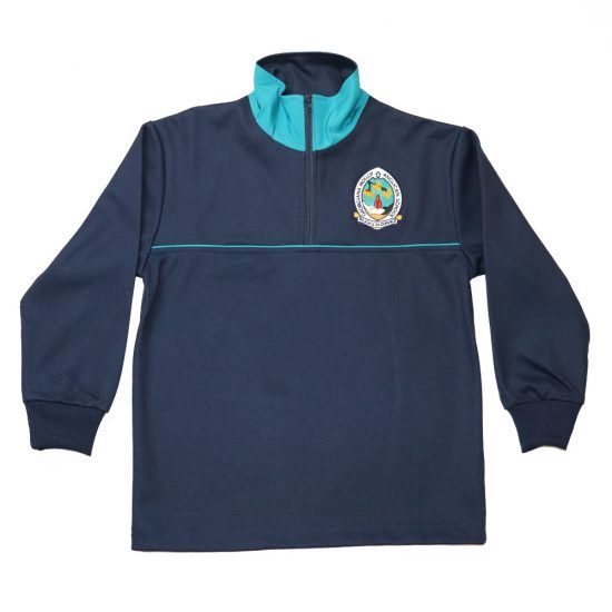 Navy blue school jersey with teal collar and logo.