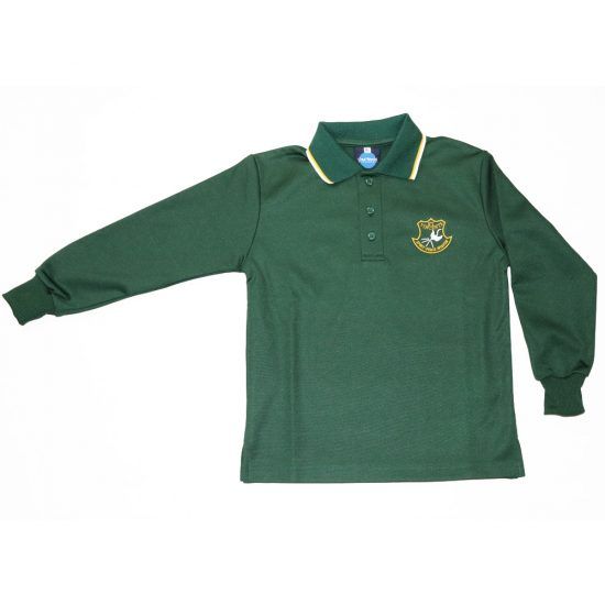Green long-sleeved polo shirt with yellow trim and school emblem on the chest.