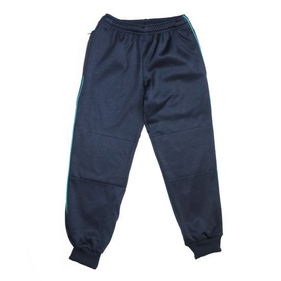 Navy blue athletic sweatpants with teal stripes, and ankle cuffs.