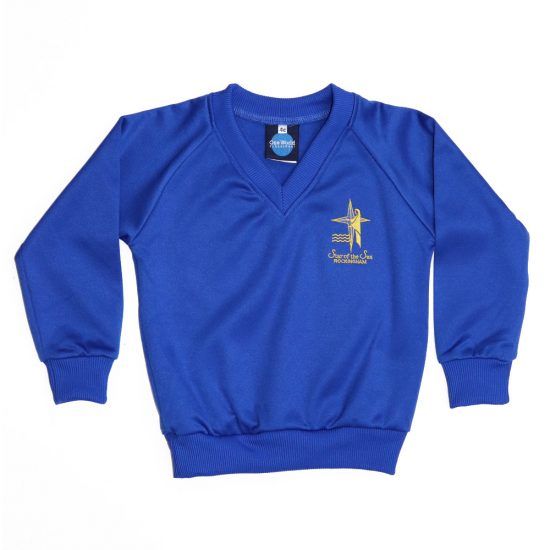 Blue school sweatshirt with V-neck, yellow emblem on the chest.