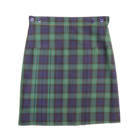 Plaid school skirt with a blue, green, and black pattern.