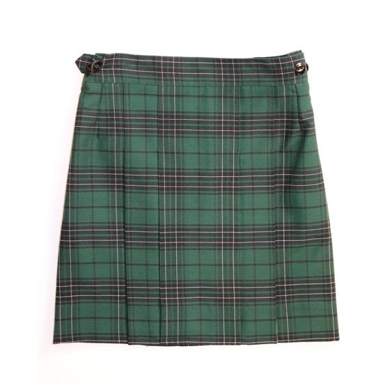 Green plaid kilt skirt with black and white stripes, side buckle closure.