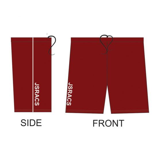 Maroon athletic shorts with drawstring. Text 