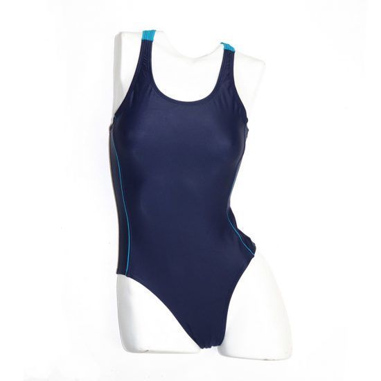 Navy blue women's swimsuit with light blue straps and trim, displayed on a white mannequin.