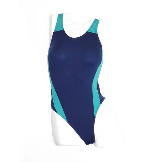 Navy and teal athletic one-piece swimsuit on a white mannequin.