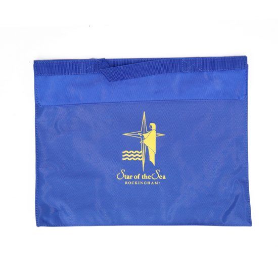 Blue tote bag with a yellow religious symbol, text: 