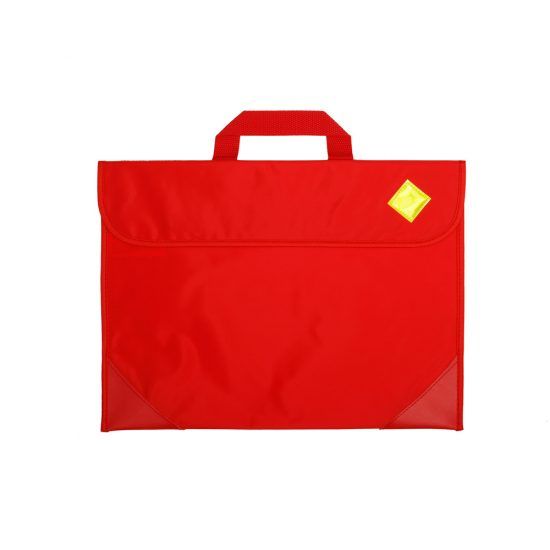 Red school briefcase with handle, yellow diamond logo, and reinforced corners.
