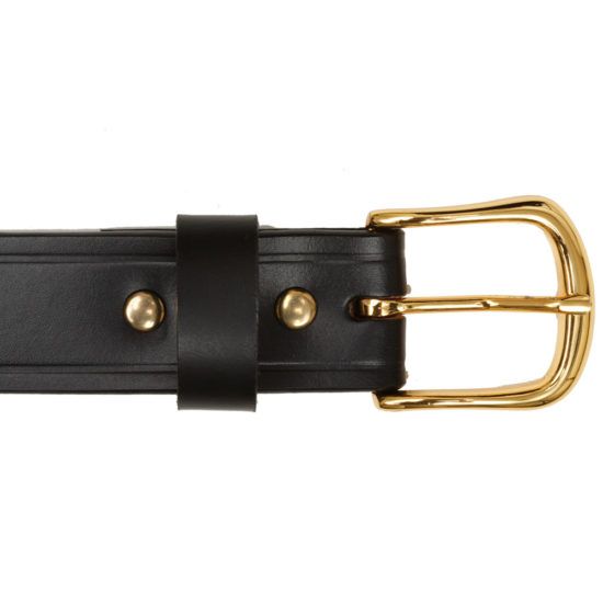 Black leather belt with gold buckle.