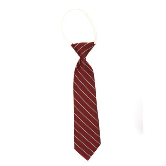 Red striped tie with a white collar loop.