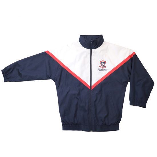 Navy, white, and red athletic jacket with logo on chest.
