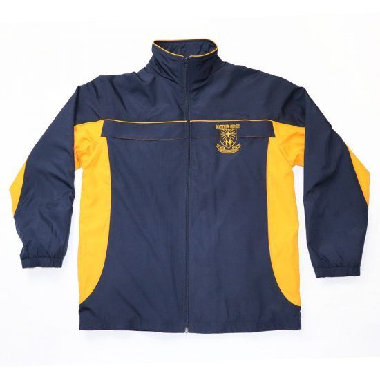 Navy and gold school jacket with crest, front view.