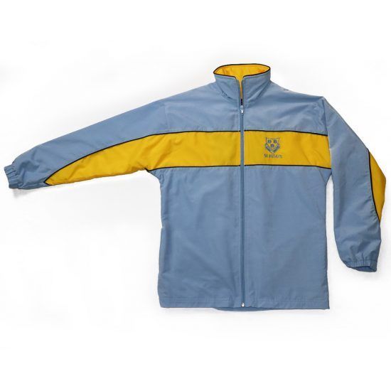 Light blue and yellow school jacket with a front zipper, a school logo, and open sleeves.