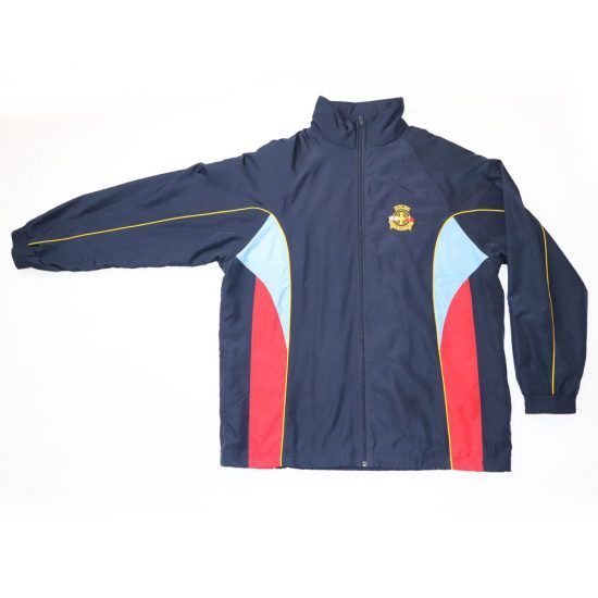 Navy blue track jacket with gold trim, red and light blue accents, and a crest on the chest.