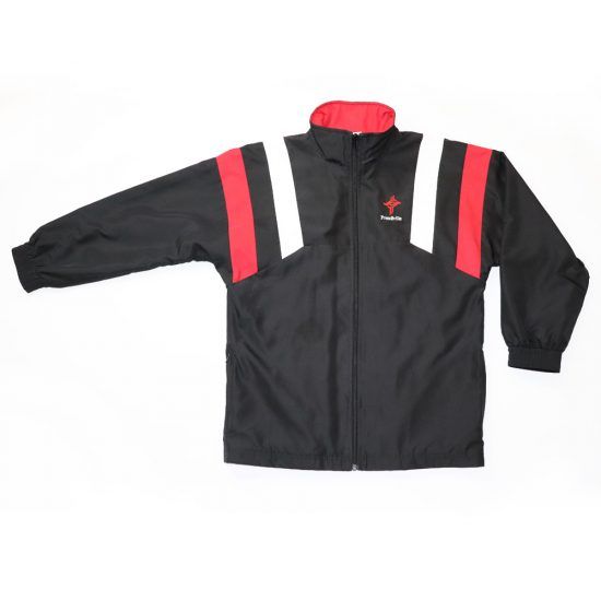 Black jacket with red and white accents, a red collar, and a small logo on the chest.