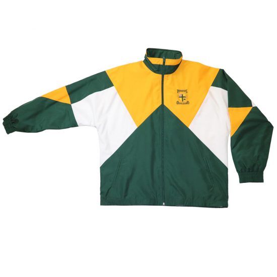Green, gold, and white windbreaker jacket with school crest.