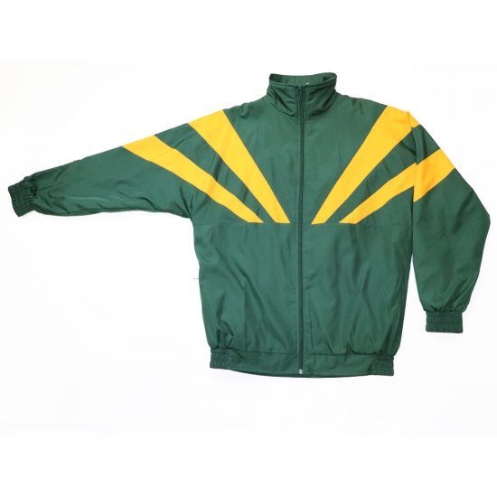 Green track jacket with yellow sunburst design on front and sleeves.