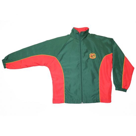 Green and red track jacket with gold trim and a small emblem on the chest.