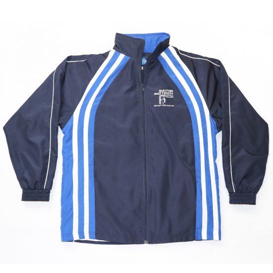 Navy blue jacket with white and blue stripes, zipper, and logo on chest.