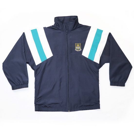Navy blue jacket with teal and white shoulder stripes, and a small crest on the chest.