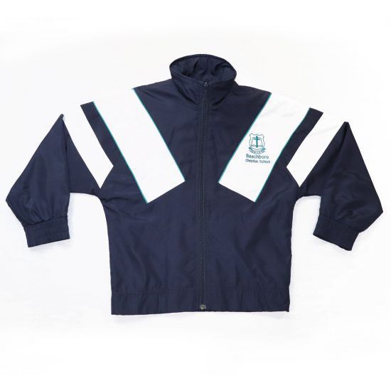 Navy and white school jacket with logo.