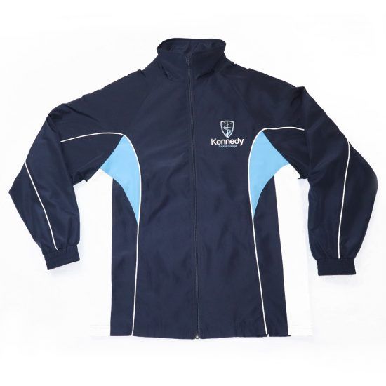 Navy blue school tracksuit jacket with light blue and white accents.