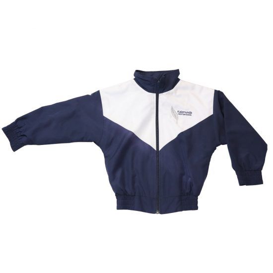Navy and white windbreaker jacket with zipper, ribbing at wrists and waist.