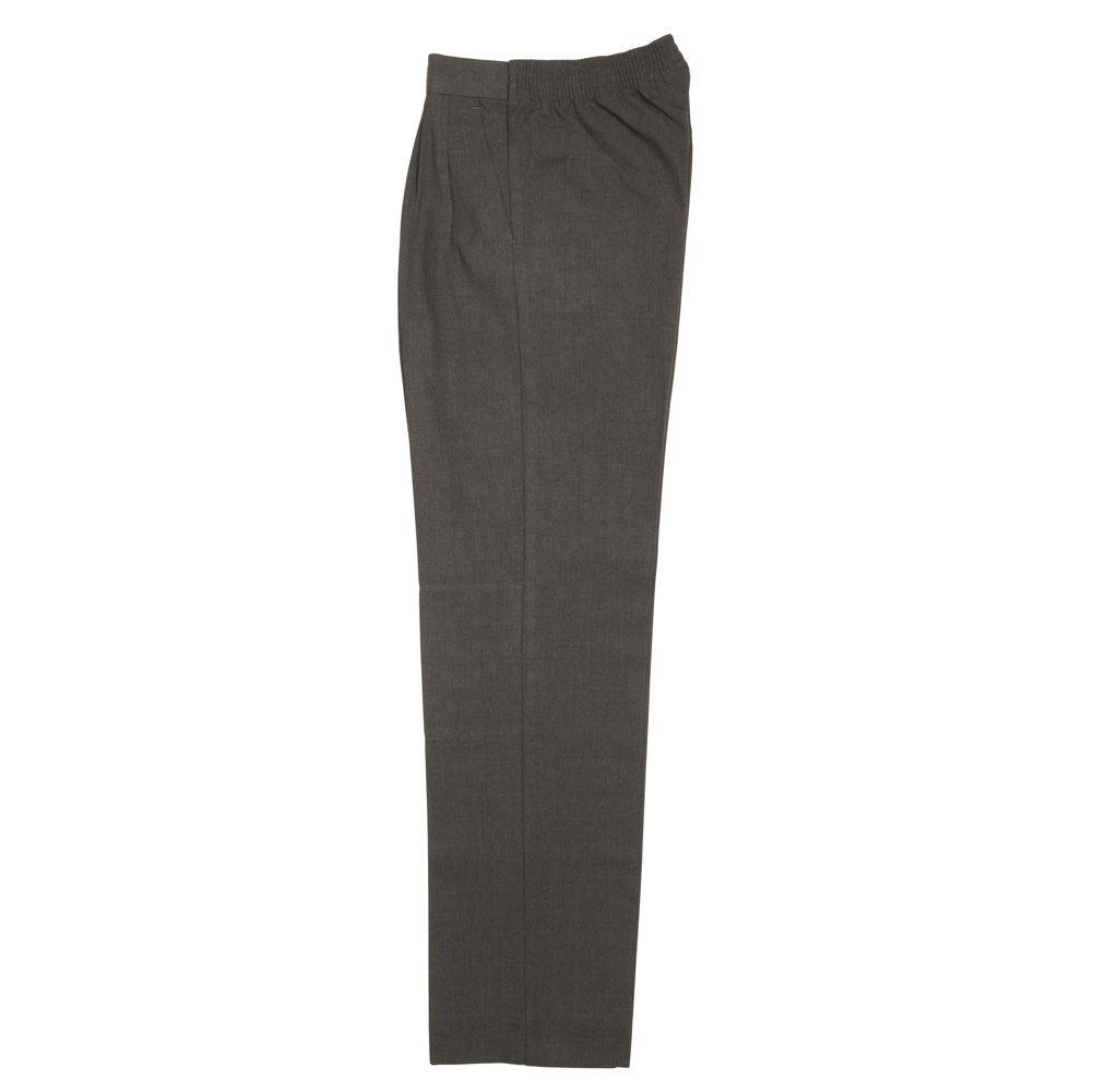 Gray dress pants, folded lengthwise on a white background.