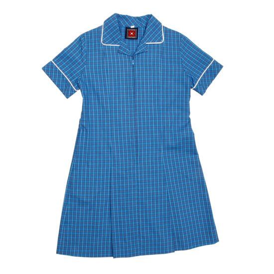 Blue plaid school uniform dress with white trim and zipper.