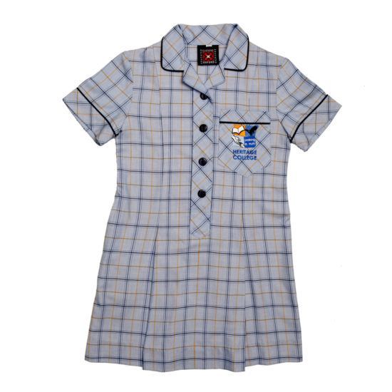 Plaid school uniform dress with short sleeves, collar, and embroidered logo on a white background.