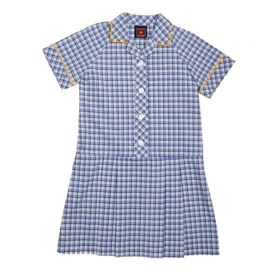 Blue and white plaid school dress with yellow trim.