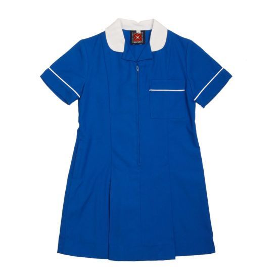 Blue school uniform dress with white collar and trim.