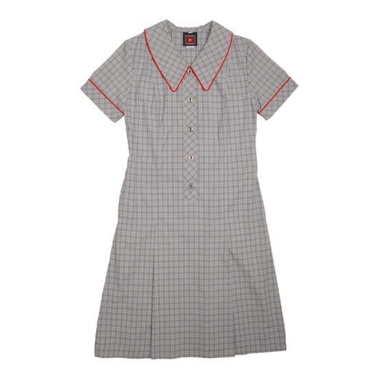 Gray plaid school dress with red trim around collar and sleeves.