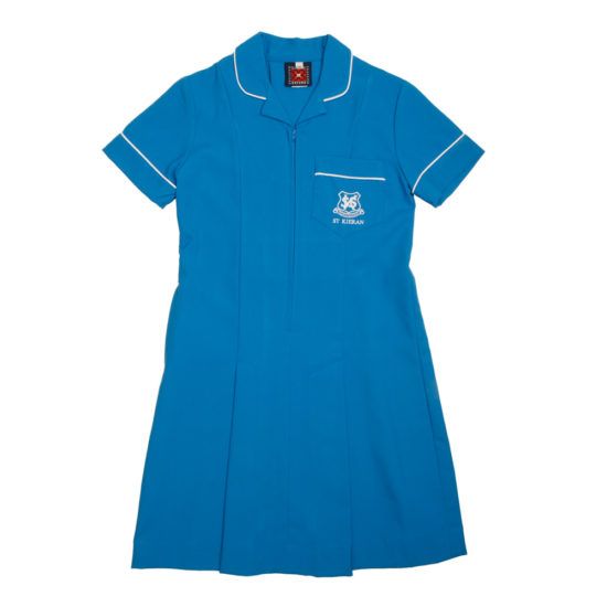 Blue school uniform dress with white trim, logo on pocket.