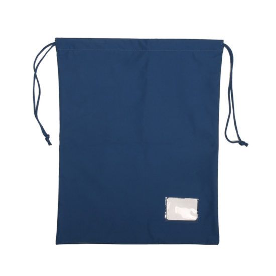 Navy blue drawstring bag with clear ID window.