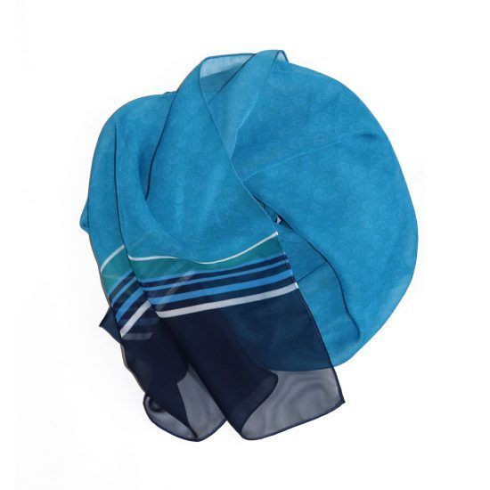 Blue scarf with striped and sheer sections.