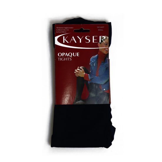 Package of Kayser Opaque tights, black with a woman wearing a turtleneck and denim jacket.