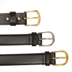 Three black leather belts with different colored metal buckles.